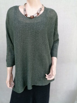 Asymmetrical dark moss green knitted linen blouse